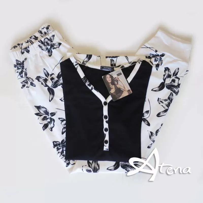 Pigiama donna estivo pantalone fiorato Intimami ID569 bianco e nero