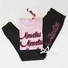 Pigiama donna e ragazza Morositas rosa + pantalone nero scritta glitter