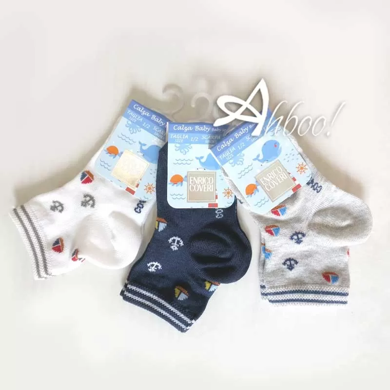 Calze corte bambino cotone Enrico Coveri fantasia con ancore e barchette