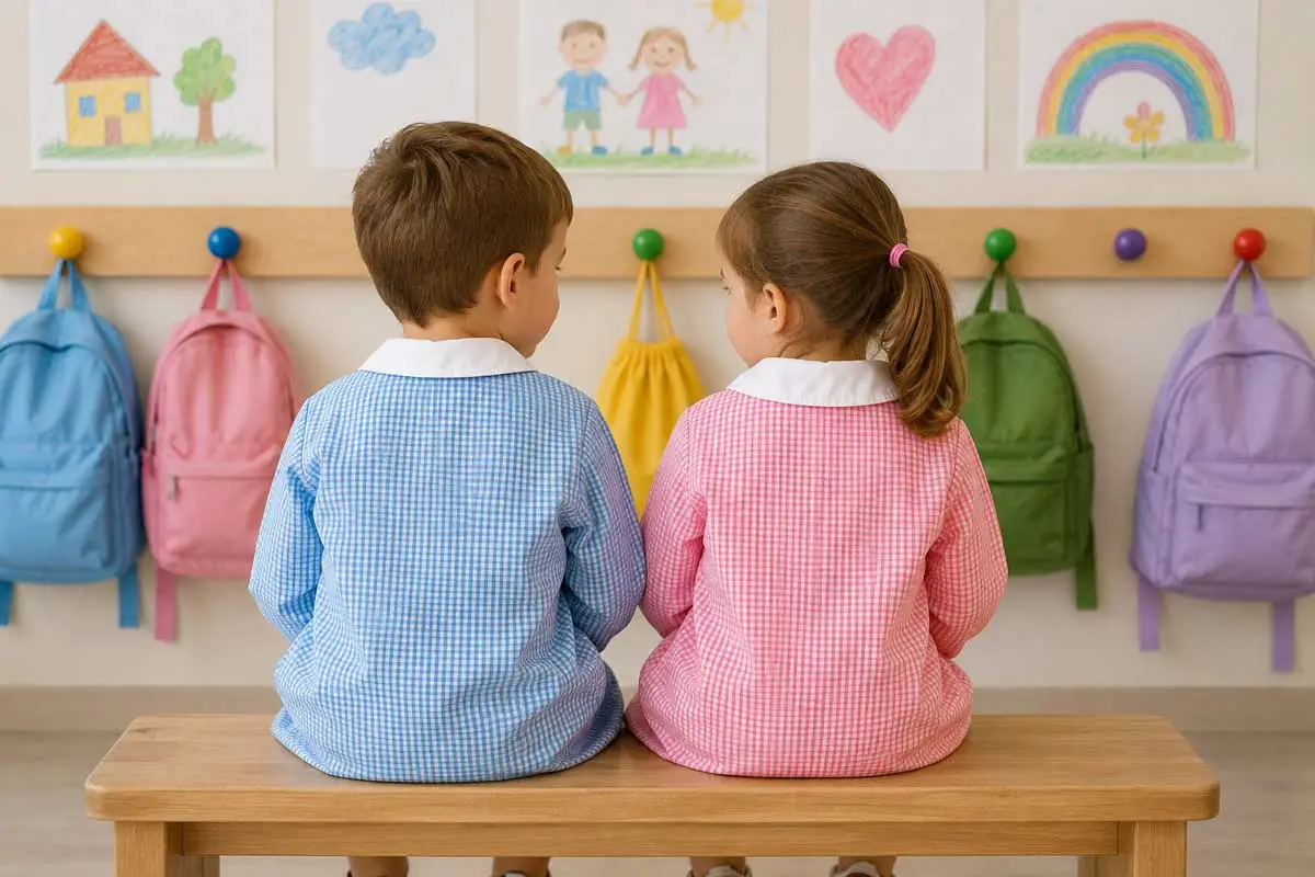 Grembiule asilo azzurro e rosa a quadretti per bambino e bambina