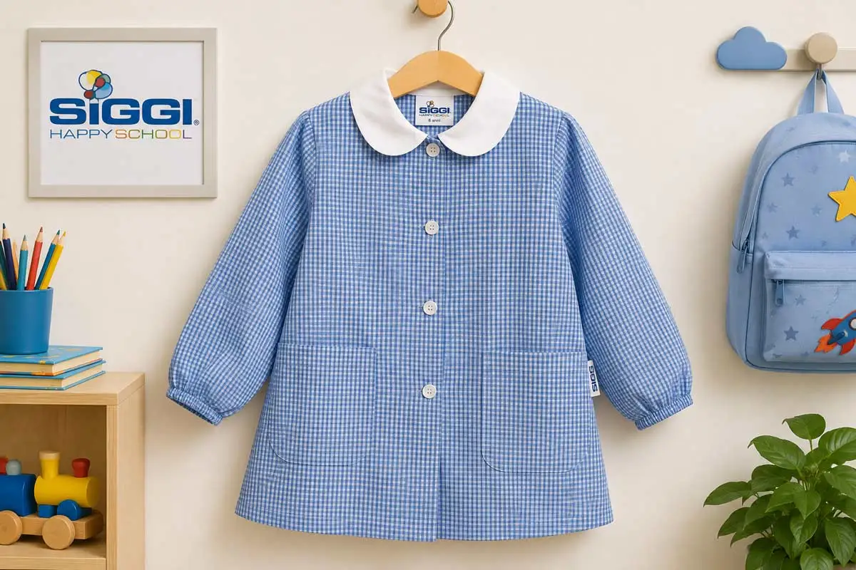 Grembiule asilo Siggi azzurro a quadretti per bambino